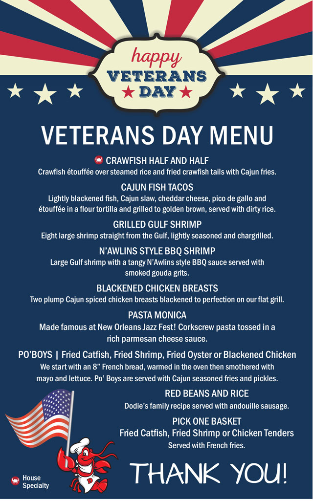 Veterans Day Menu Dodie s Cajun Diner At The Harbor