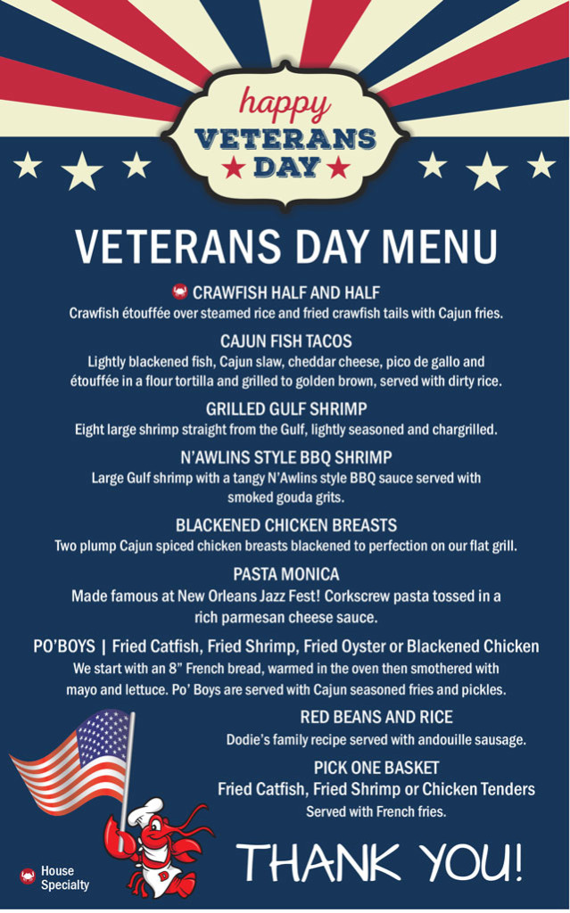 Veterans Day Menu Dodie's Cajun Diner at The Harbor