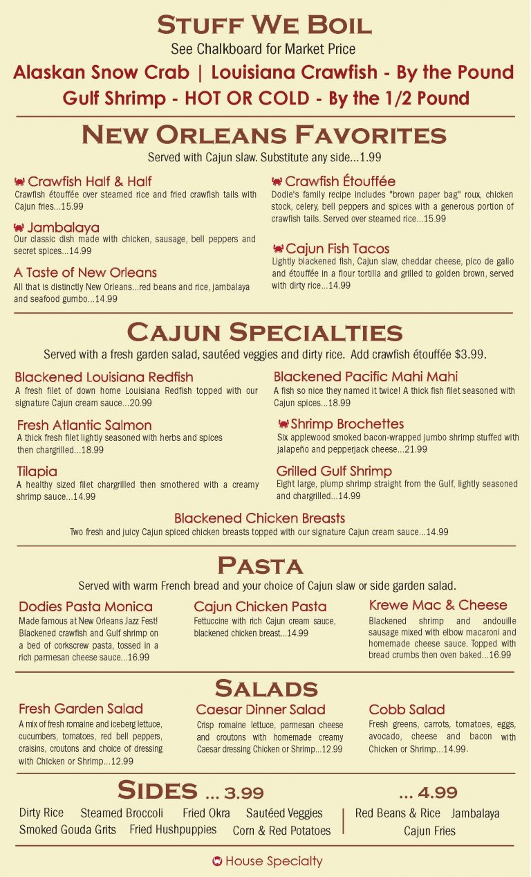 Menu Dodie s Cajun Diner At The Harbor