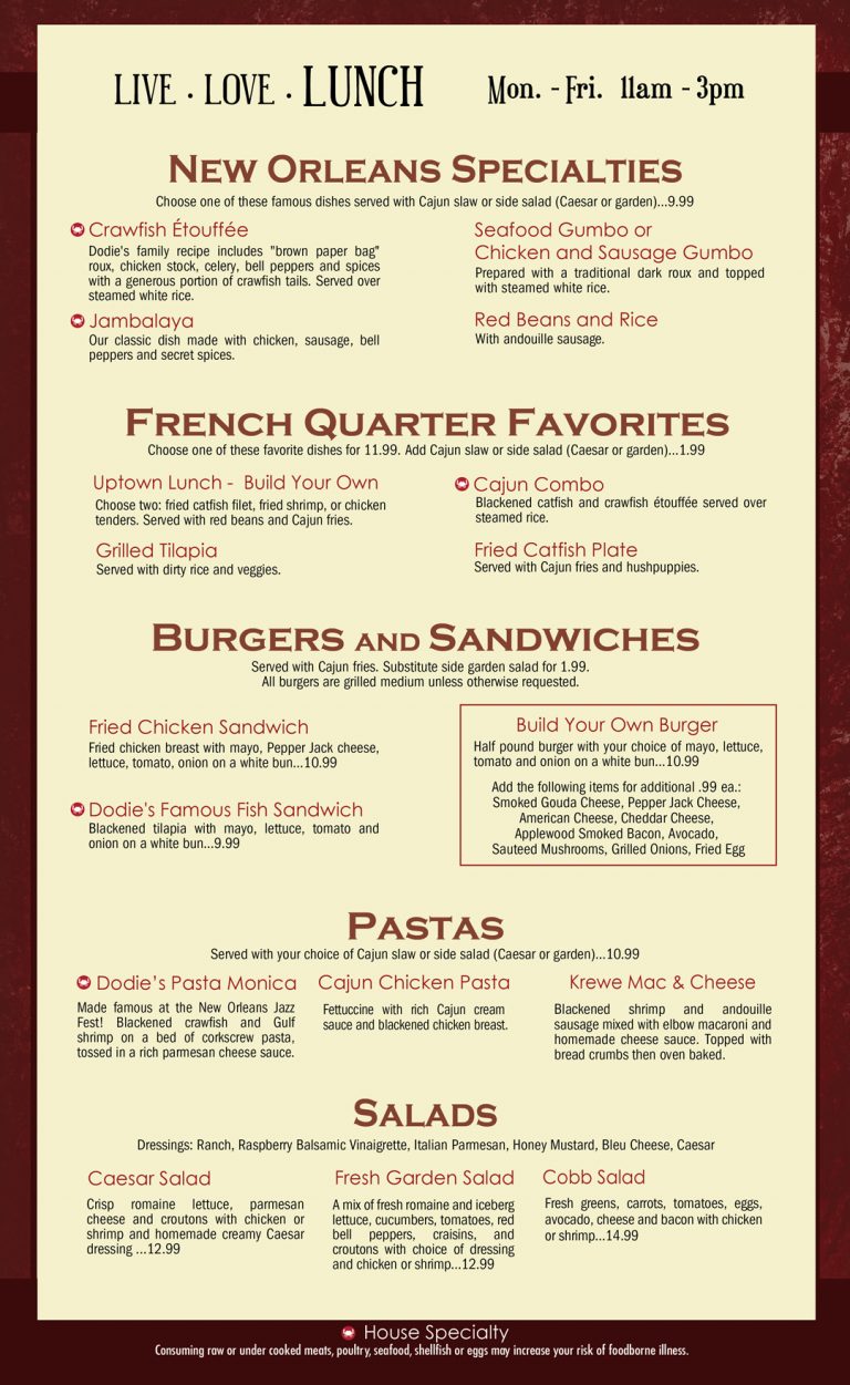 Menu Dodie's Cajun Diner at The Harbor